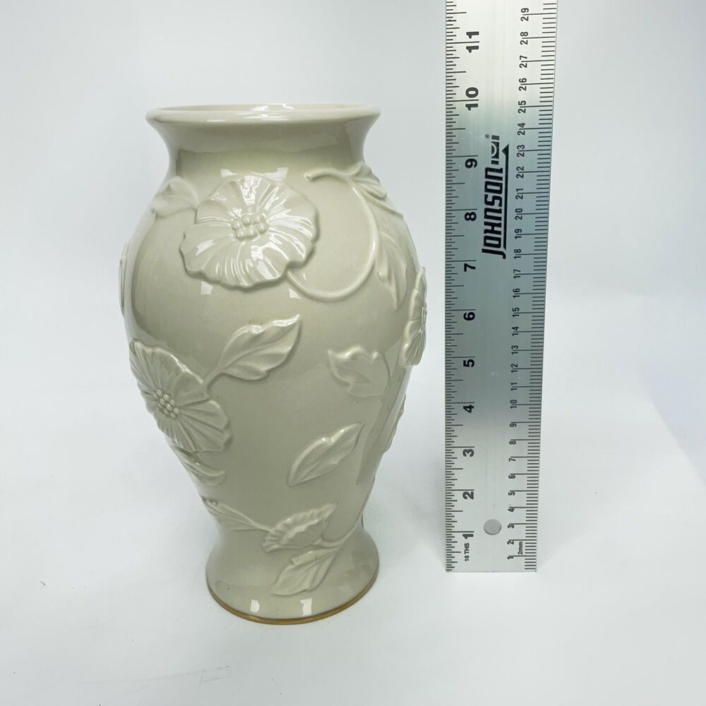 Lenox Ivory Vase Ceramic Floral Leaves Gold Trim  USA Made 10" Tall  x 4" Wide